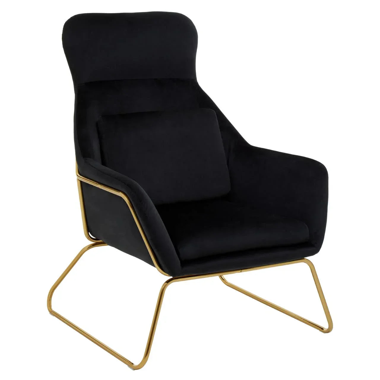 Black velvet armchair with gold metal frame and matching cushion, angled view