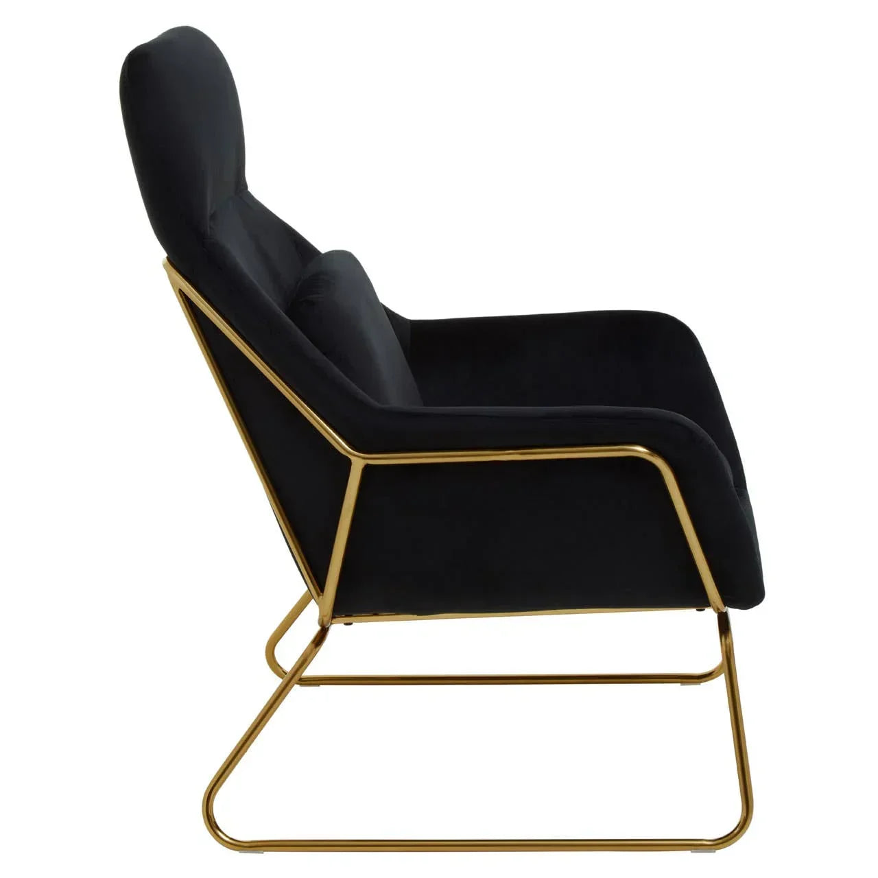 Side view black velvet accent chair with gold metal frame
