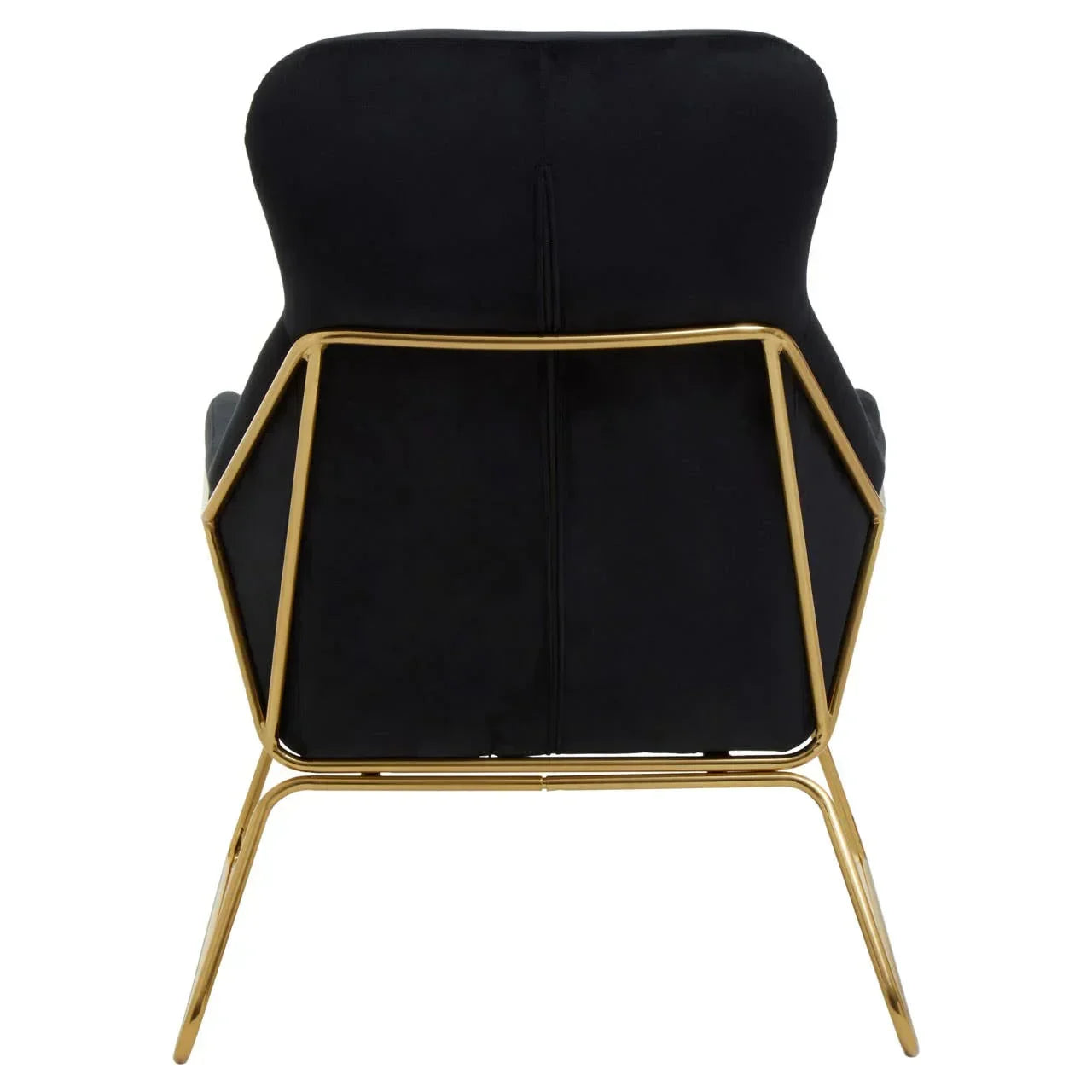 Black accent chair with gold metal frame, rear view highlighting geometric design