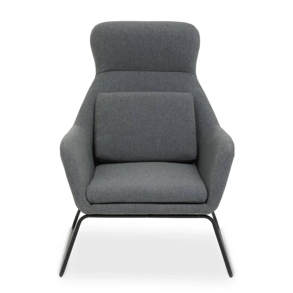 Grey fabric accent armchair with metal legs and high backrest, front view
