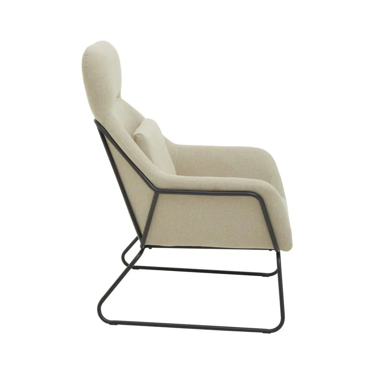 Beige lounge chair with black metal frame shown from the side