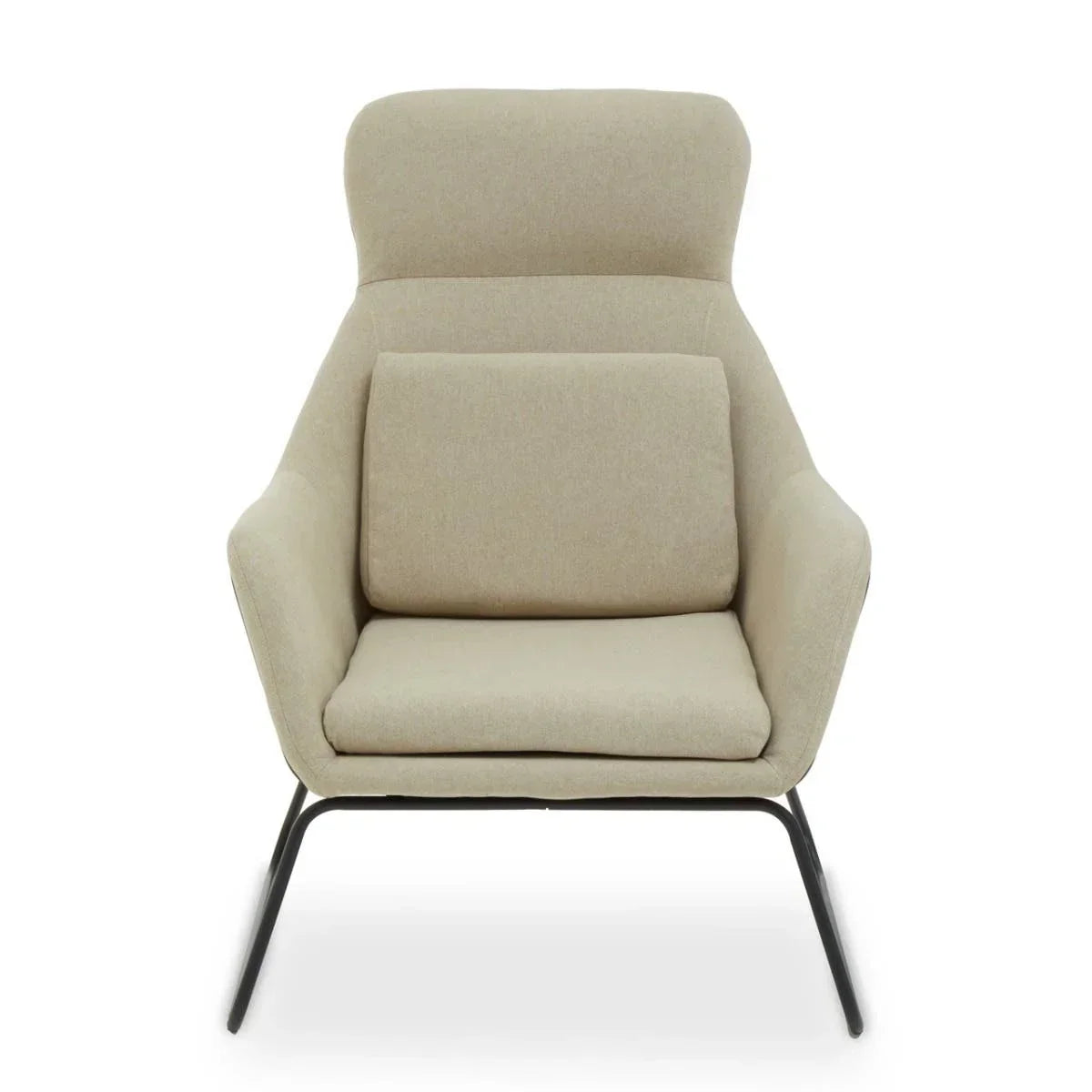 Beige fabric accent chair with metal legs and lumbar cushion, front view