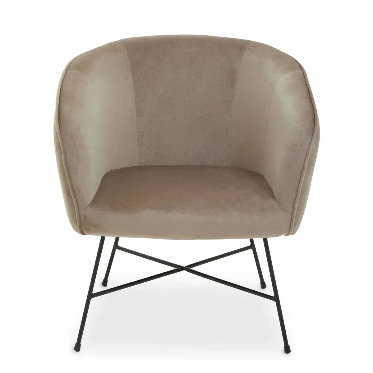Beige velvet accent chair with curved backrest and black metal legs, front view