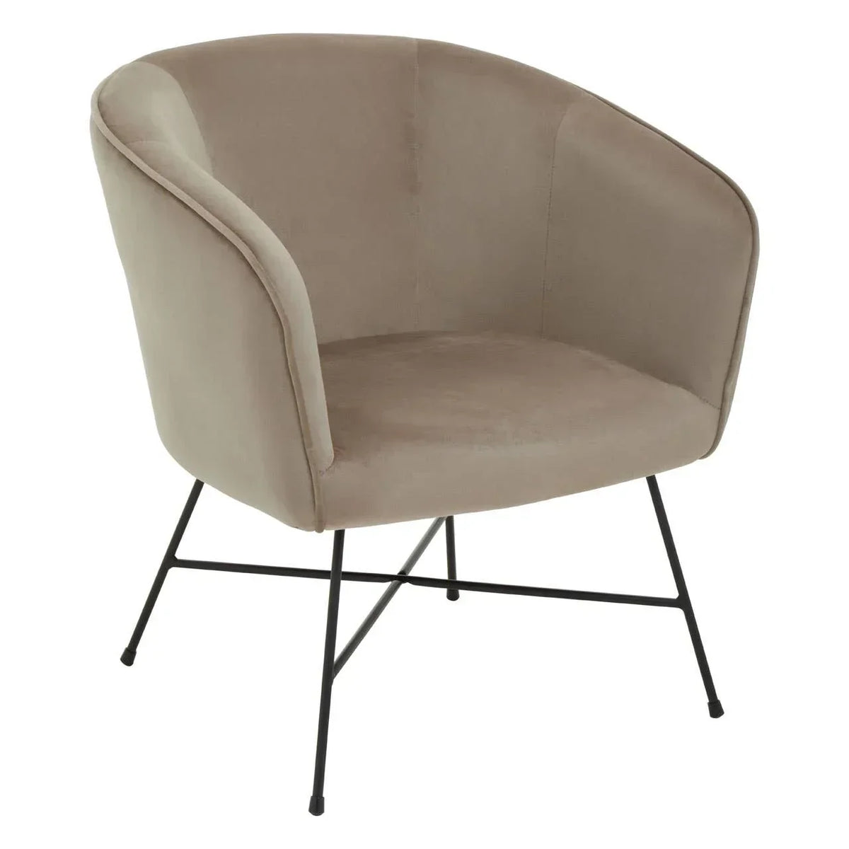 Beige velvet accent chair with curved backrest and black metal legs