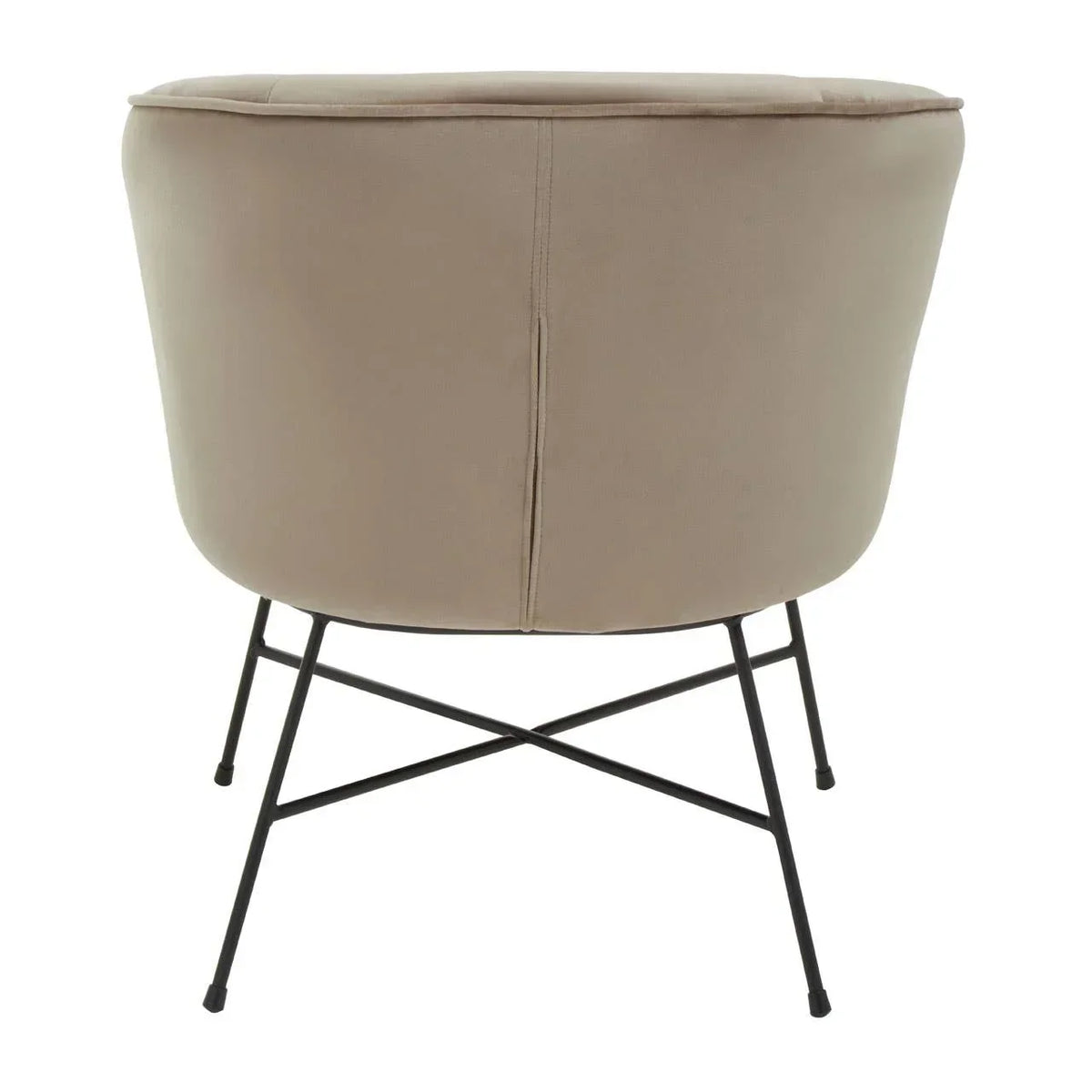 Beige accent chair rear view with fabric upholstery and black metal legs