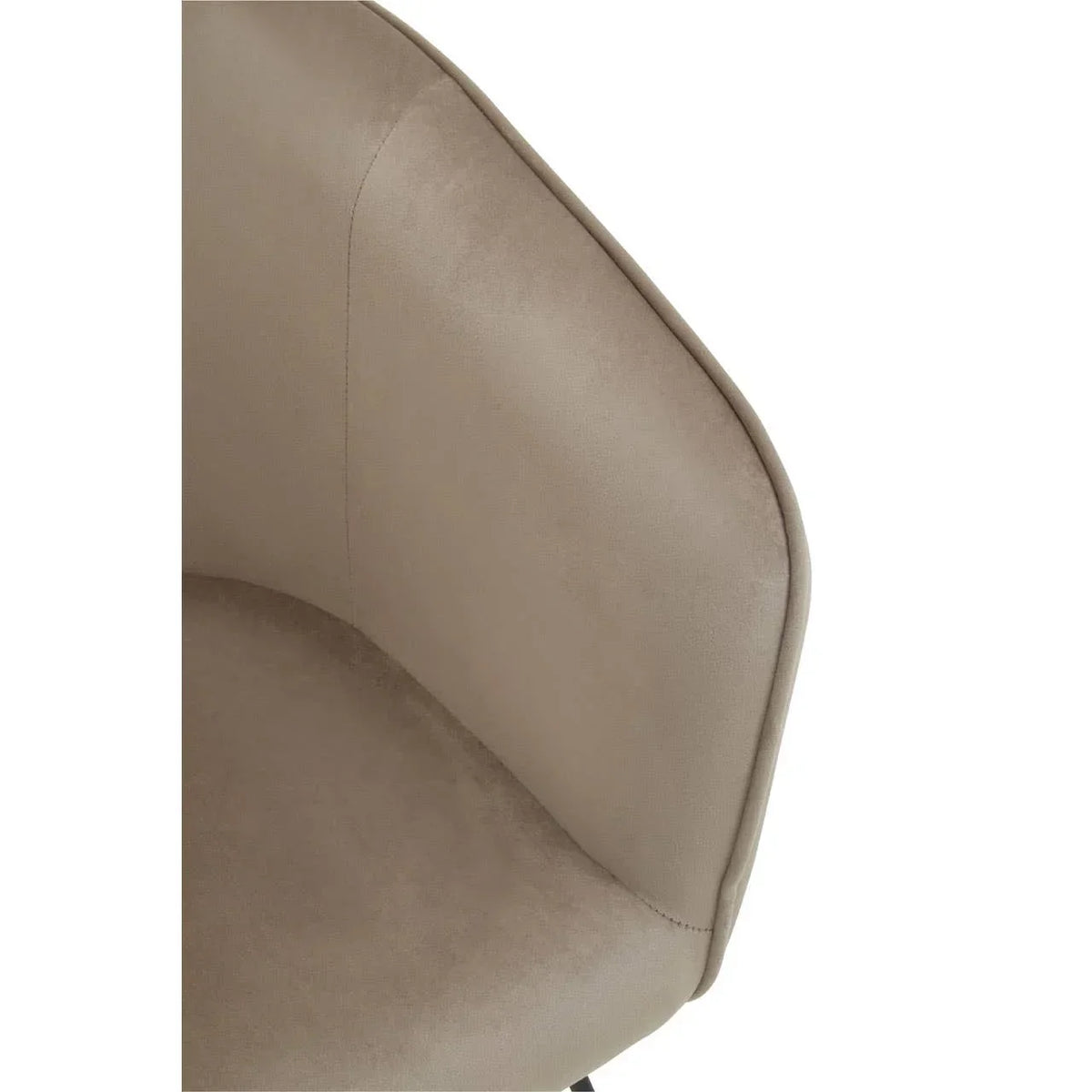 Close-up of taupe fabric dining chair with curved backrest and soft upholstery