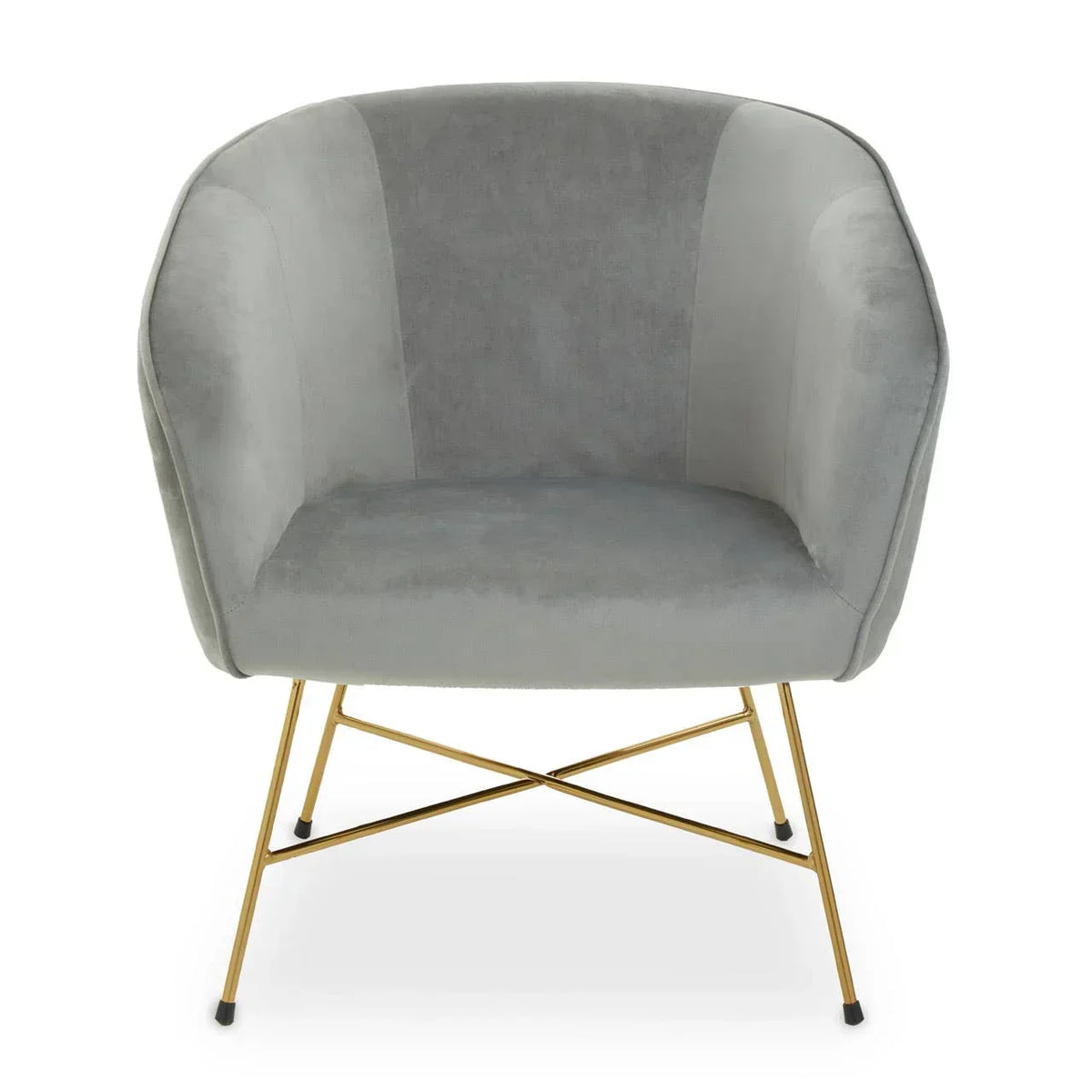 Grey velvet accent chair with gold metal legs, front view