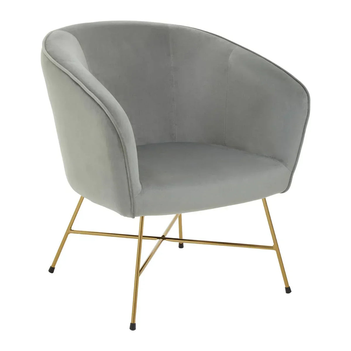 Grey velvet accent chair with curved back and gold metal legs on white background