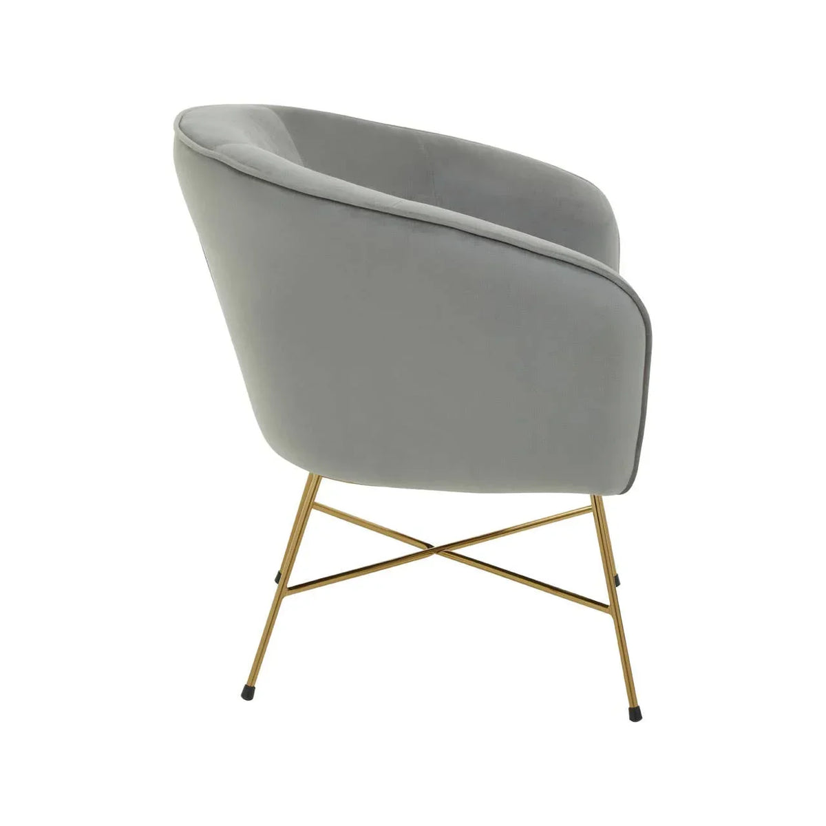 Grey velvet accent chair with curved back and gold metal legs, side angle view