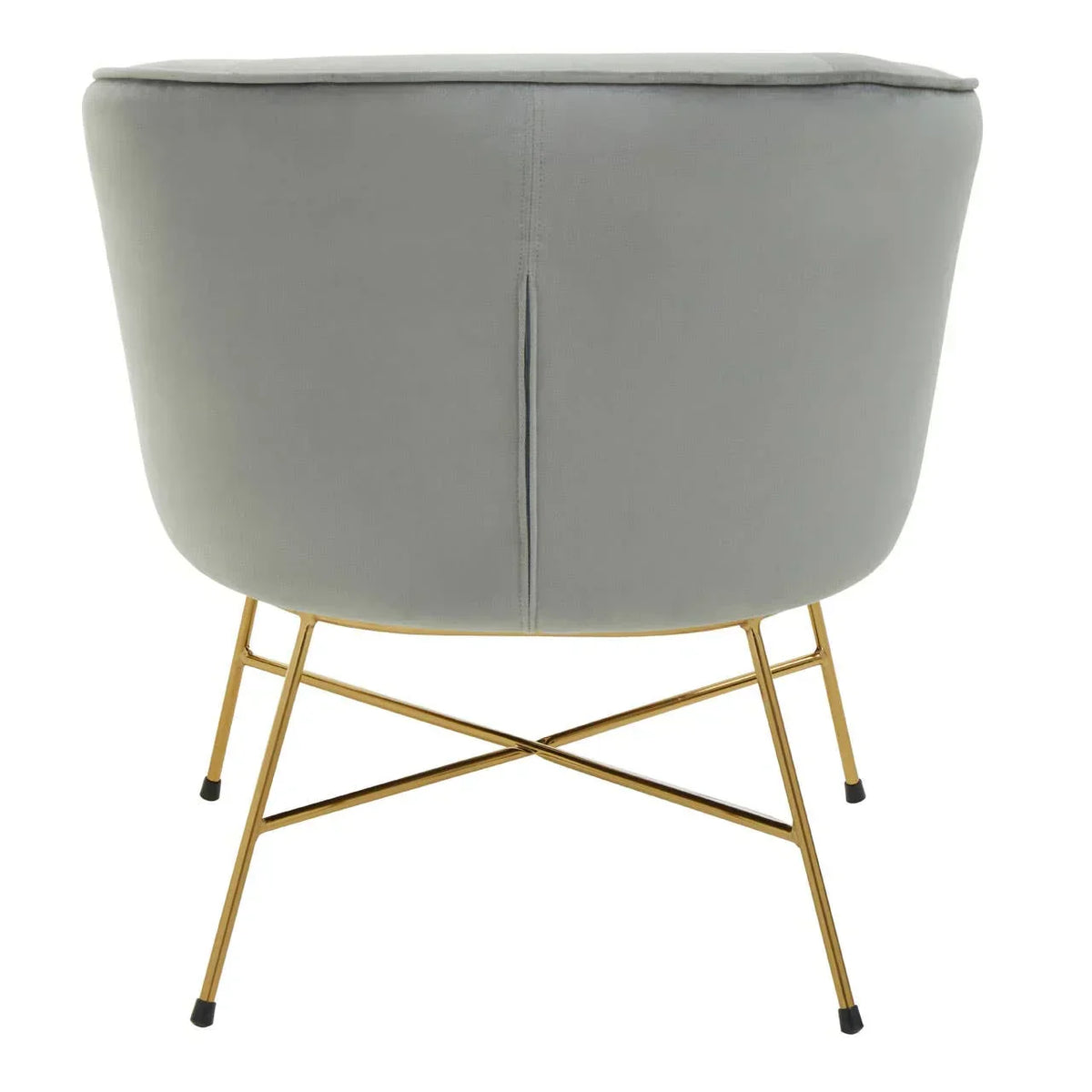 Rear view of grey accent chair with gold metal legs and crossbar support