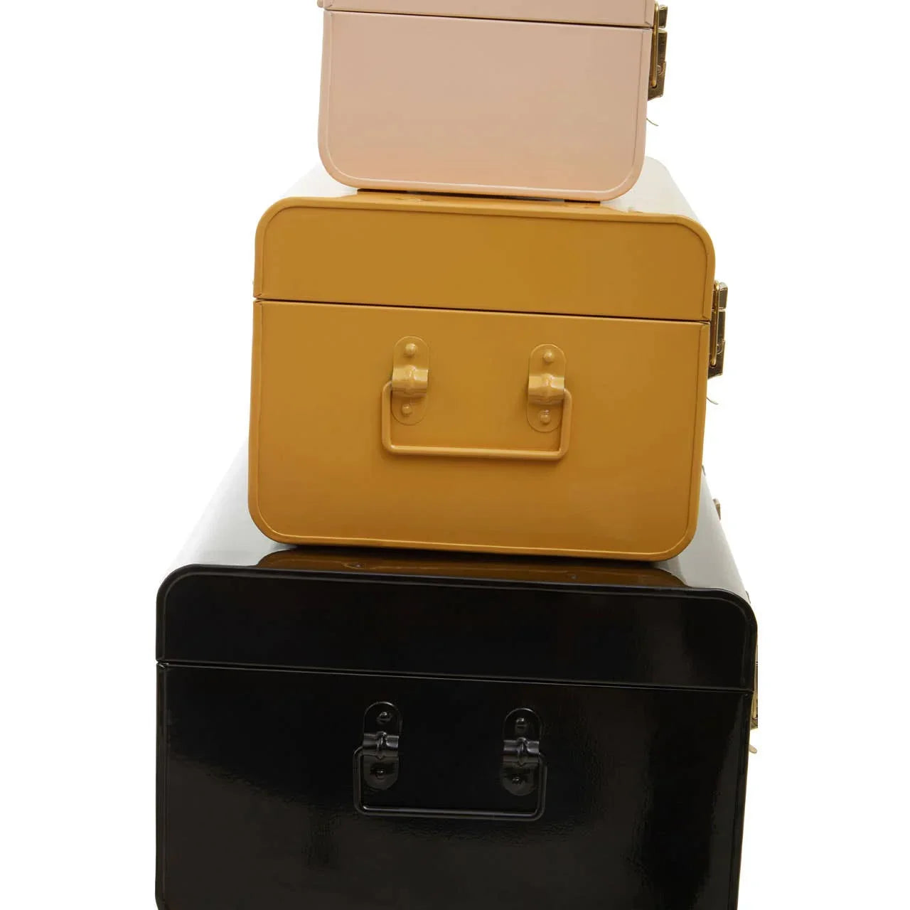 Stacked metal storage trunks in black, yellow, and beige with handle detail