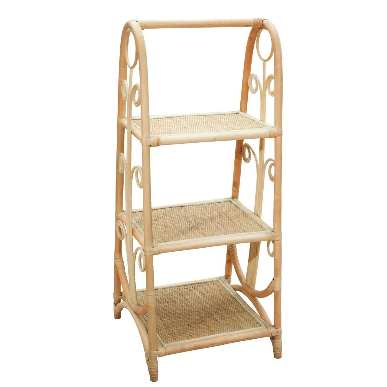 Natural rattan shelving unit with three tiers and decorative side scrollwork