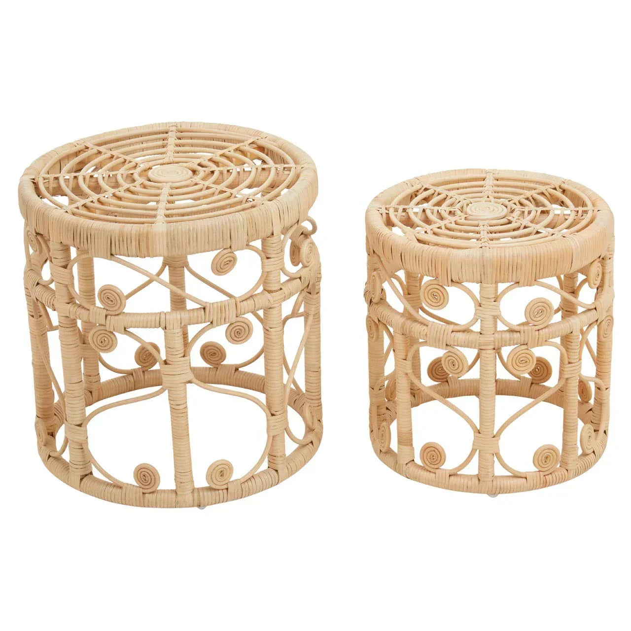 Pair of round rattan side tables with intricate open weave and spiral accents