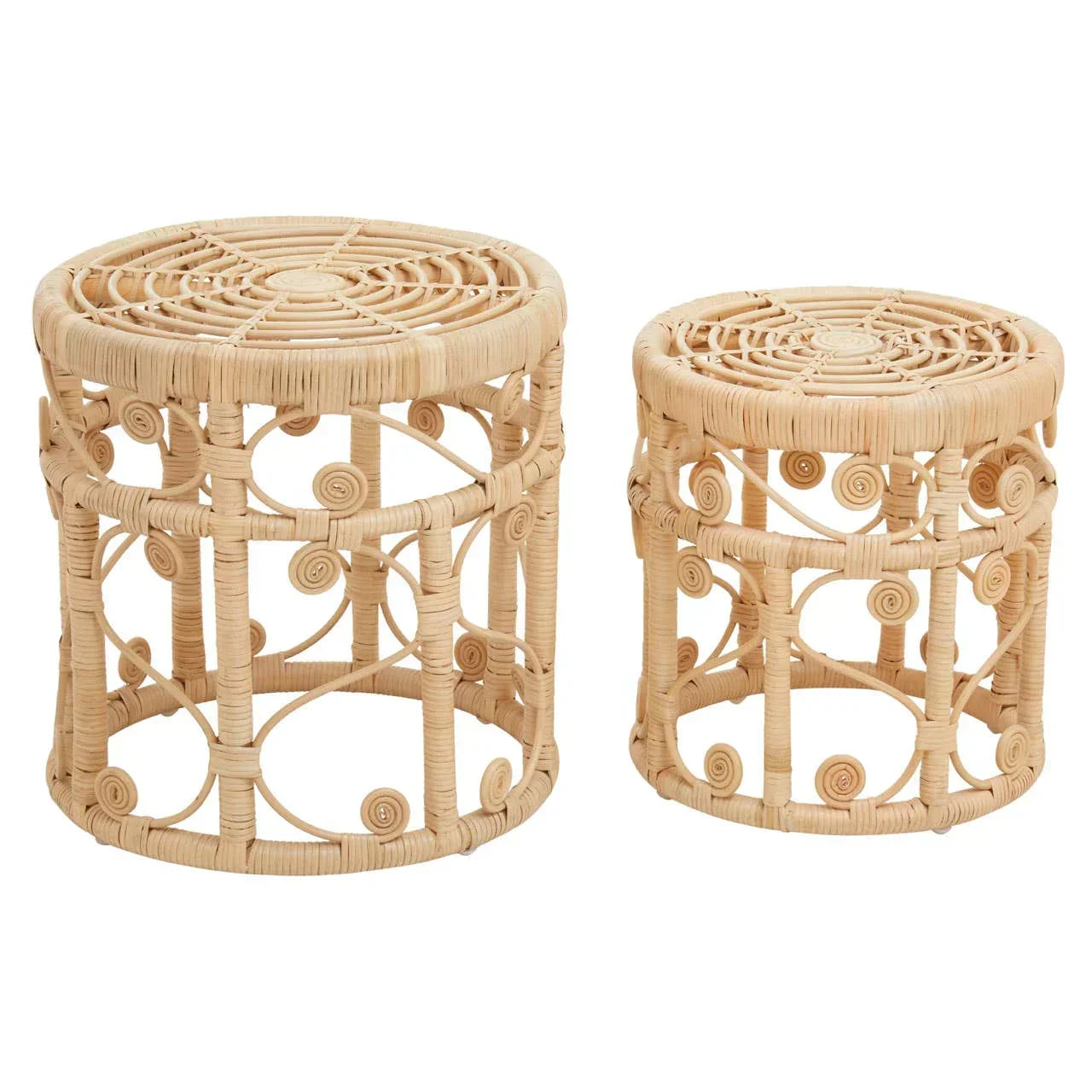 Set of two round rattan side tables with open lattice design and natural finish