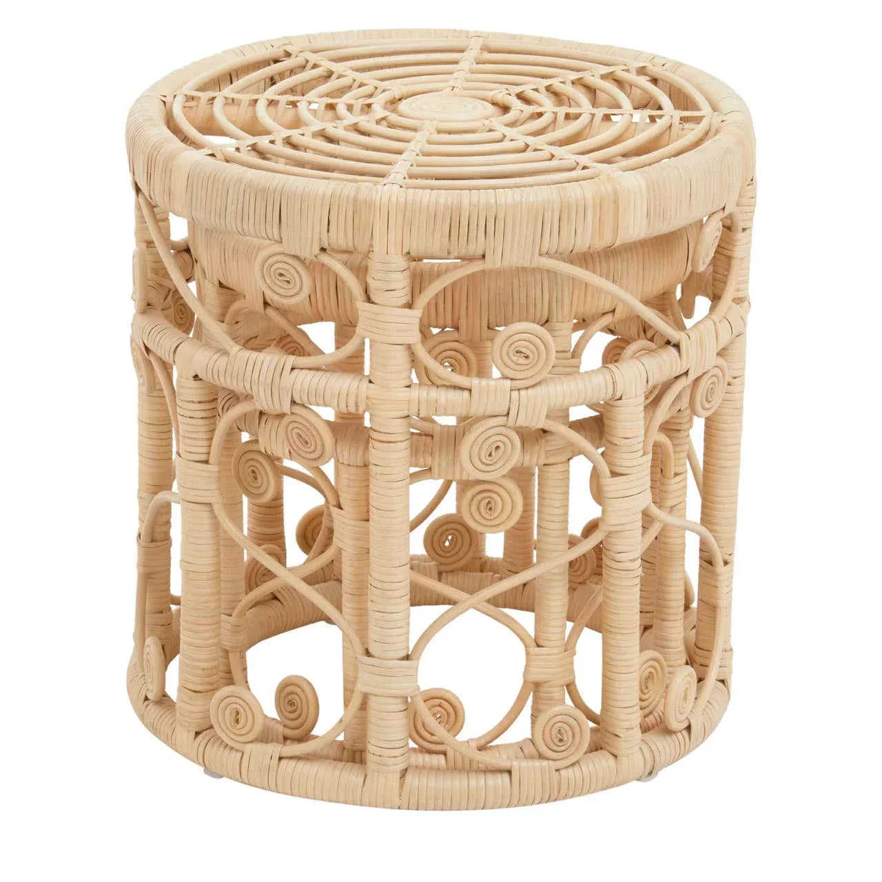 Natural rattan side table with circular spiral detailing and woven round top