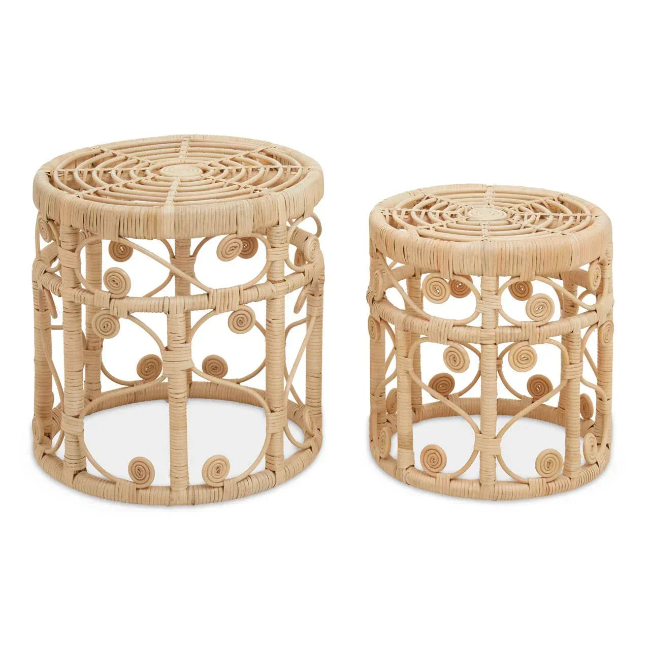 Round rattan side tables set with open swirl pattern in natural finish