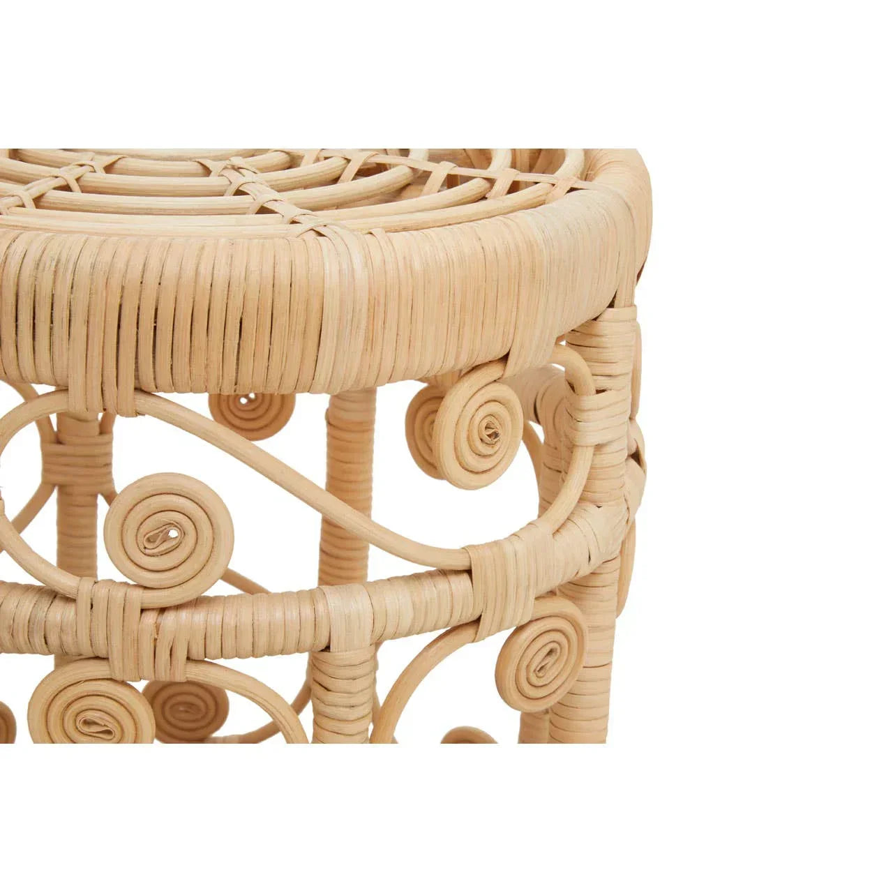 Natural rattan stool with spiral woven design and detailed close-up of frame