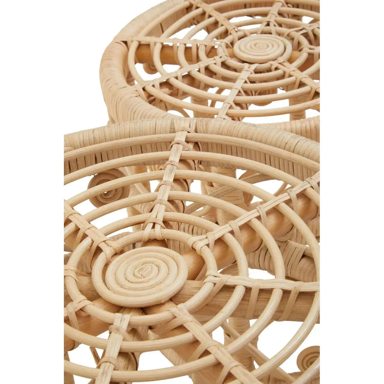 Round rattan side table top with woven spiral and geometric pattern detail