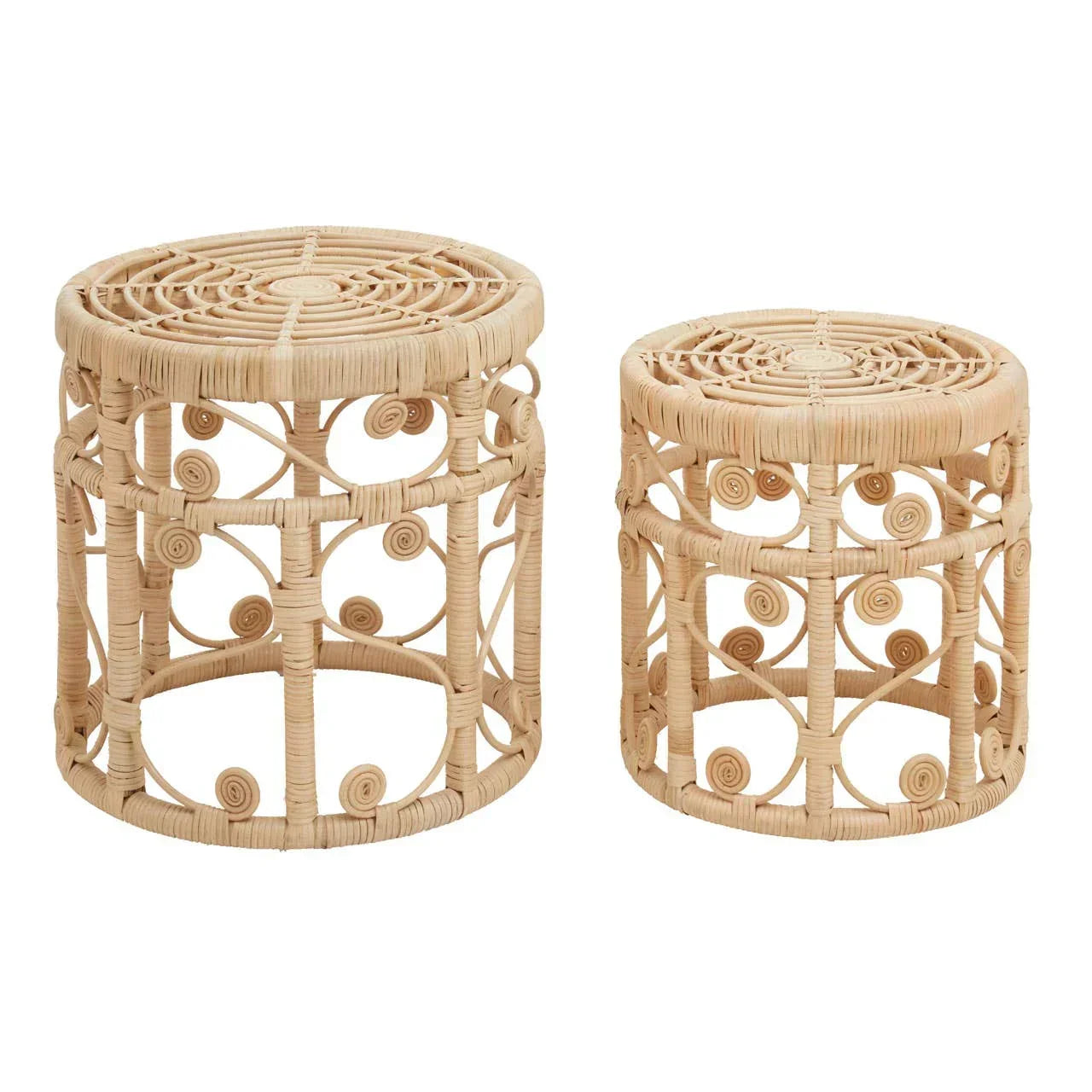 Set of two round rattan side tables with woven swirl detail on white background