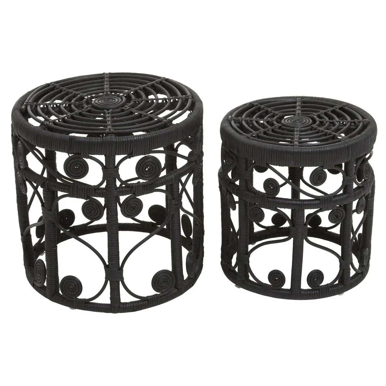 Black rattan side table set with spiral pattern and open cylindrical design