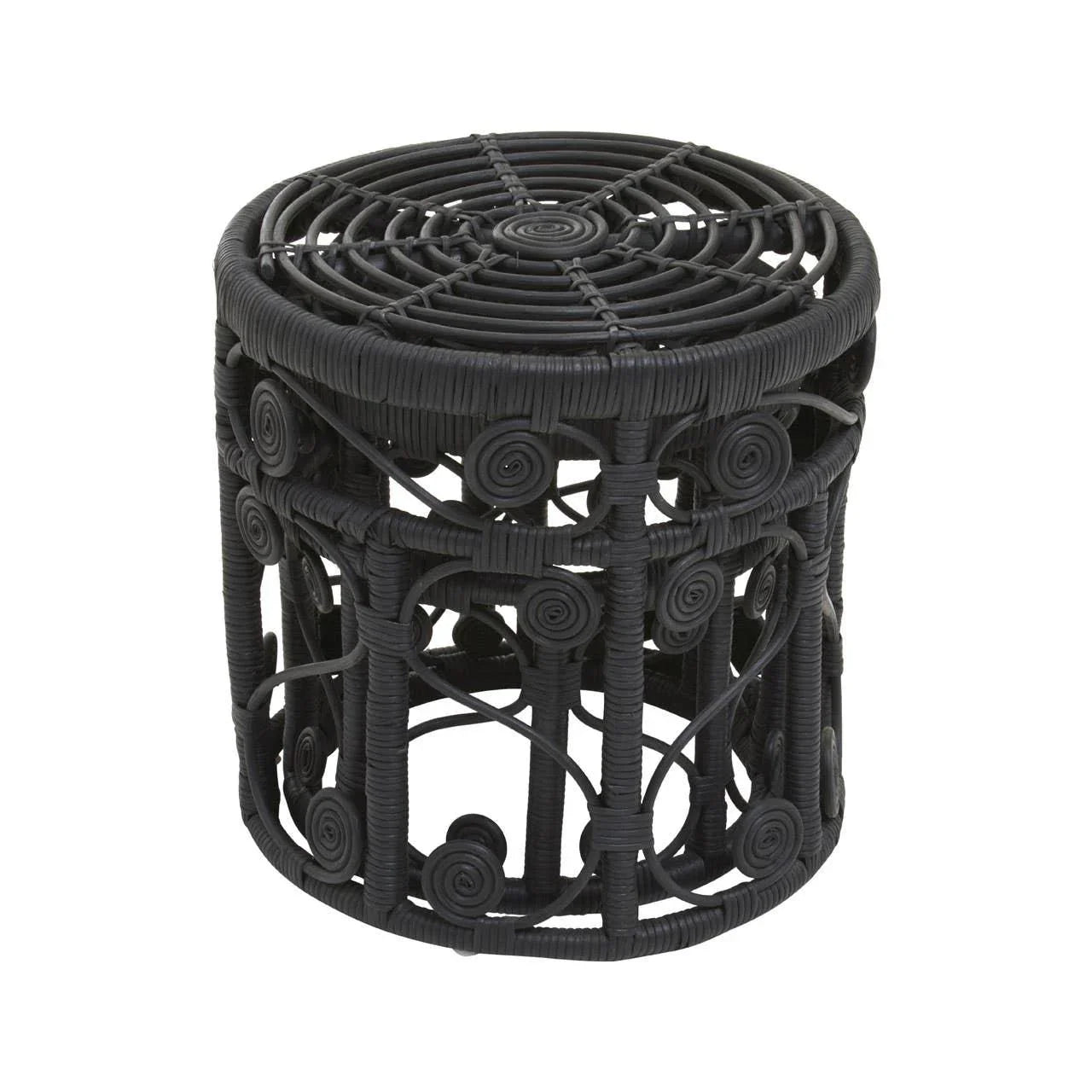 Black rattan side table with open swirl design and round top