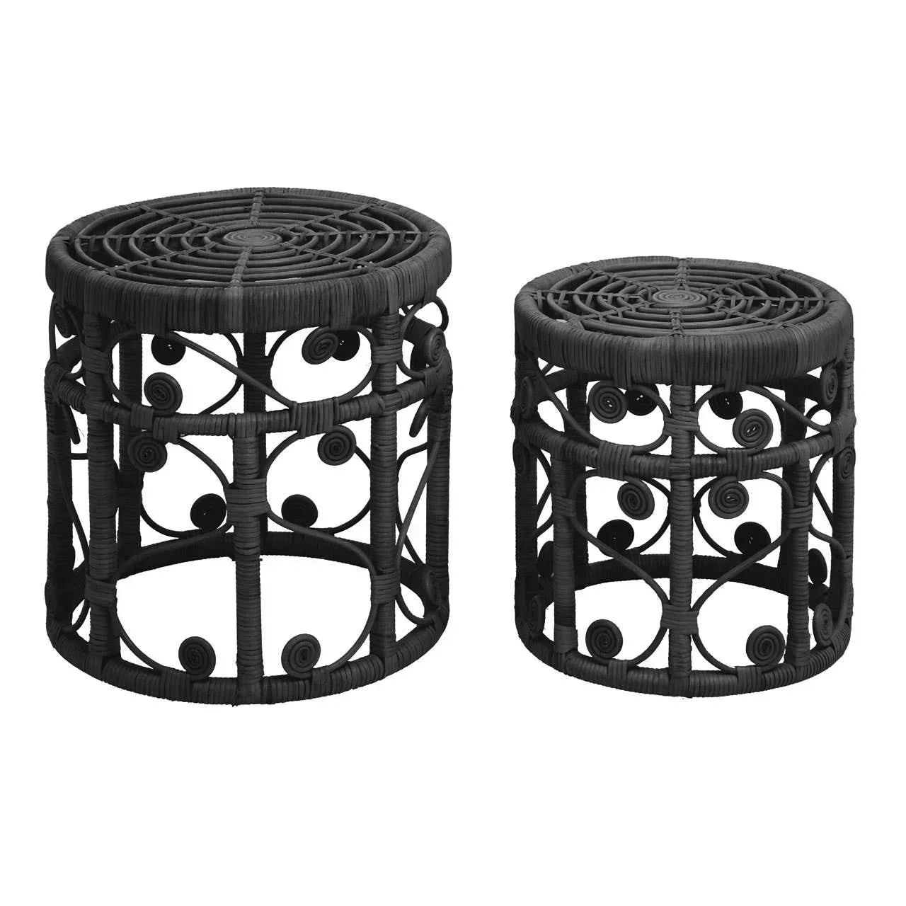Black rattan side tables set with spiral woven pattern and round tops