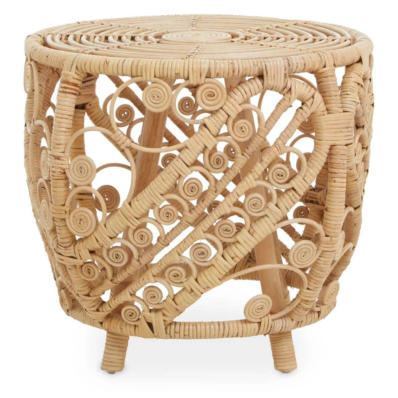 Round rattan side table with intricate woven swirl pattern and natural finish