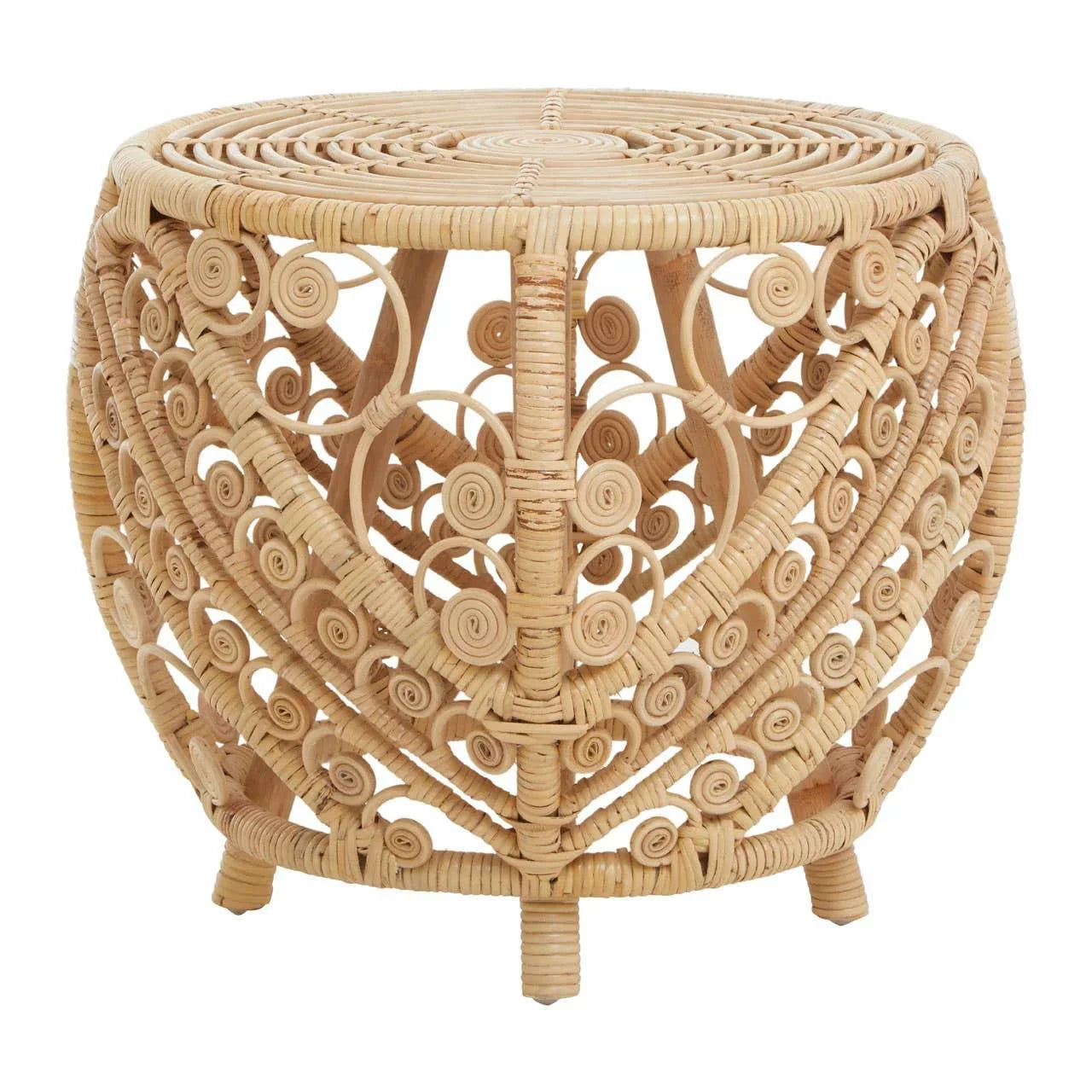 Round rattan side table with intricate scrollwork pattern and four short legs