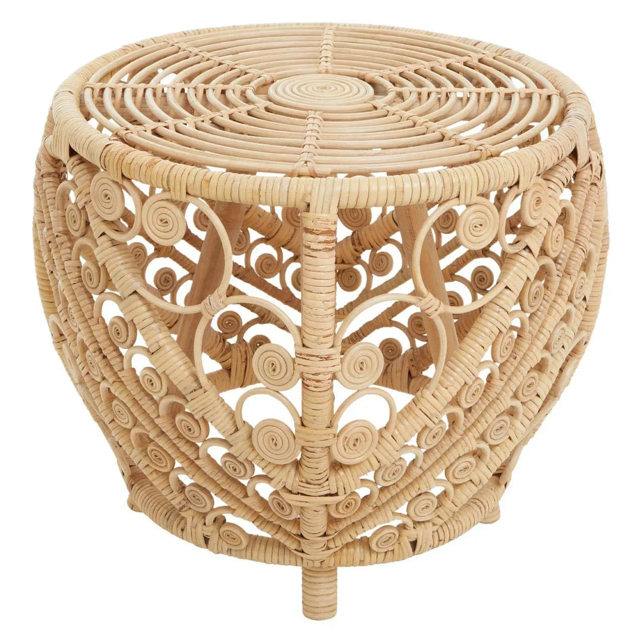Round rattan side table with intricate swirl detailing and natural finish