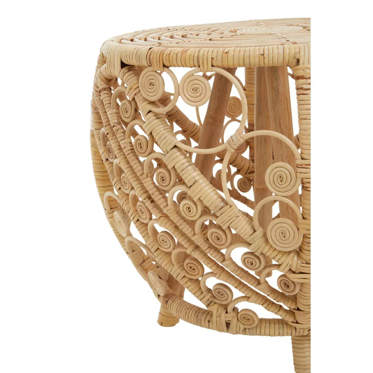 Natural rattan side table with decorative spiral weave and three wooden legs