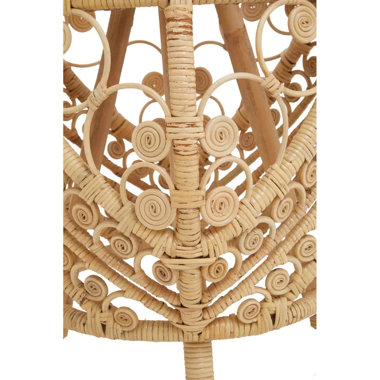 Natural rattan table base with decorative spiral woven pattern and curved detailing