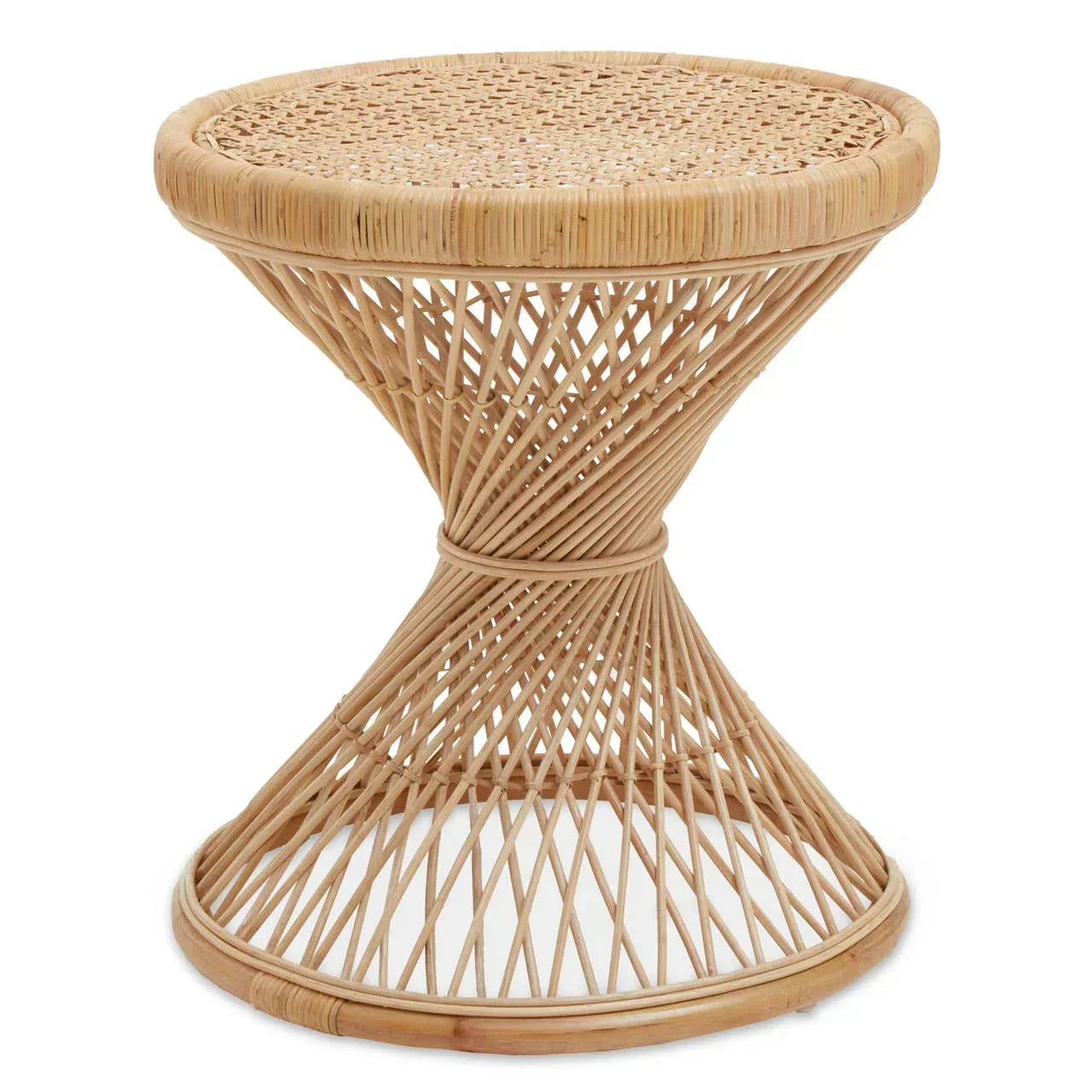 Round rattan side table with woven top and hourglass frame design, natural finish