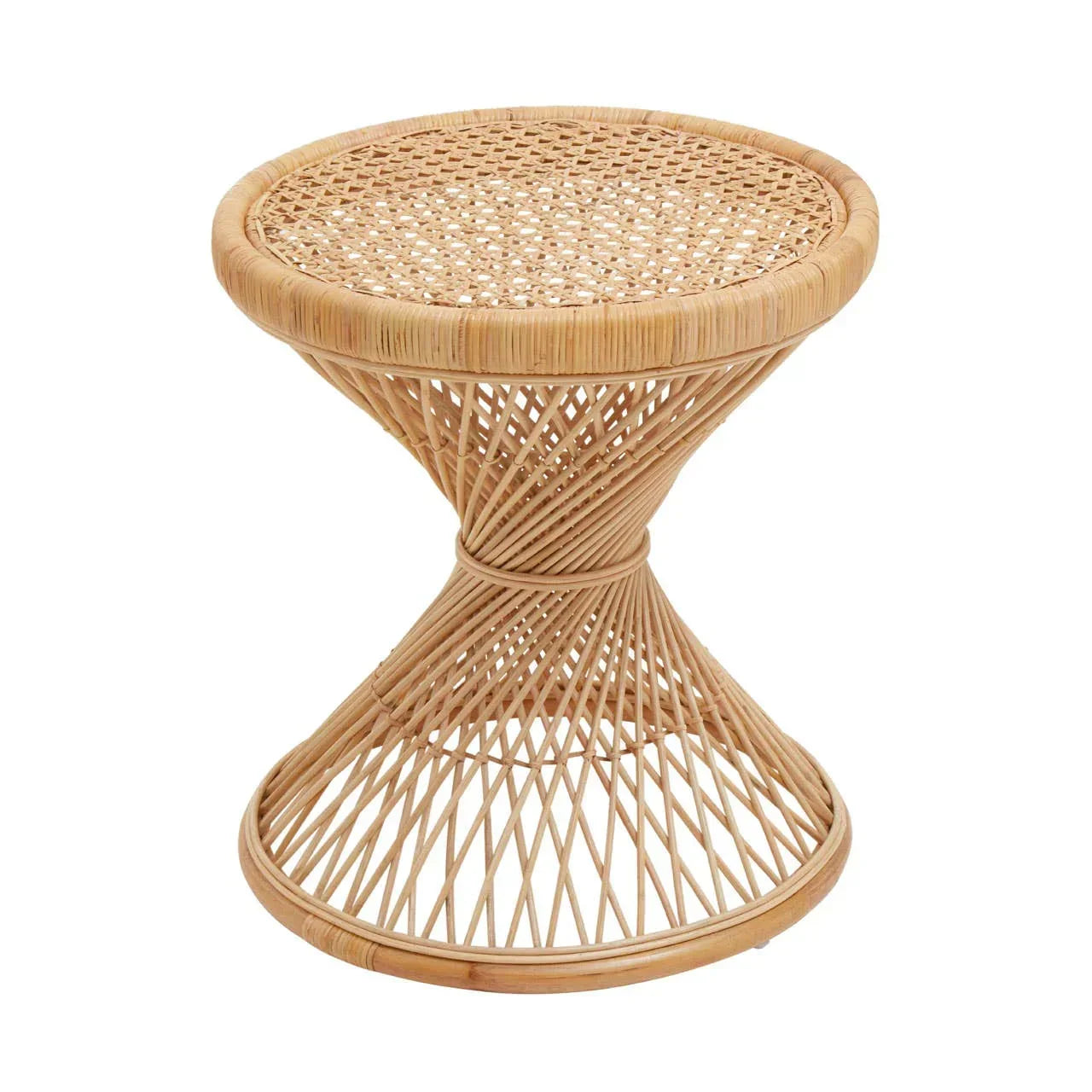 Natural rattan side table with woven round top and hourglass base design