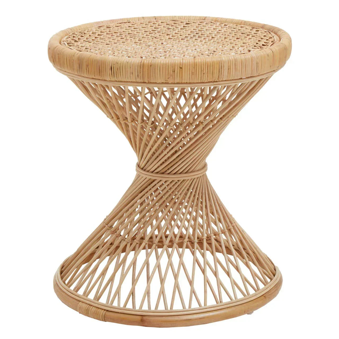 Round rattan side table with woven top and hourglass base design