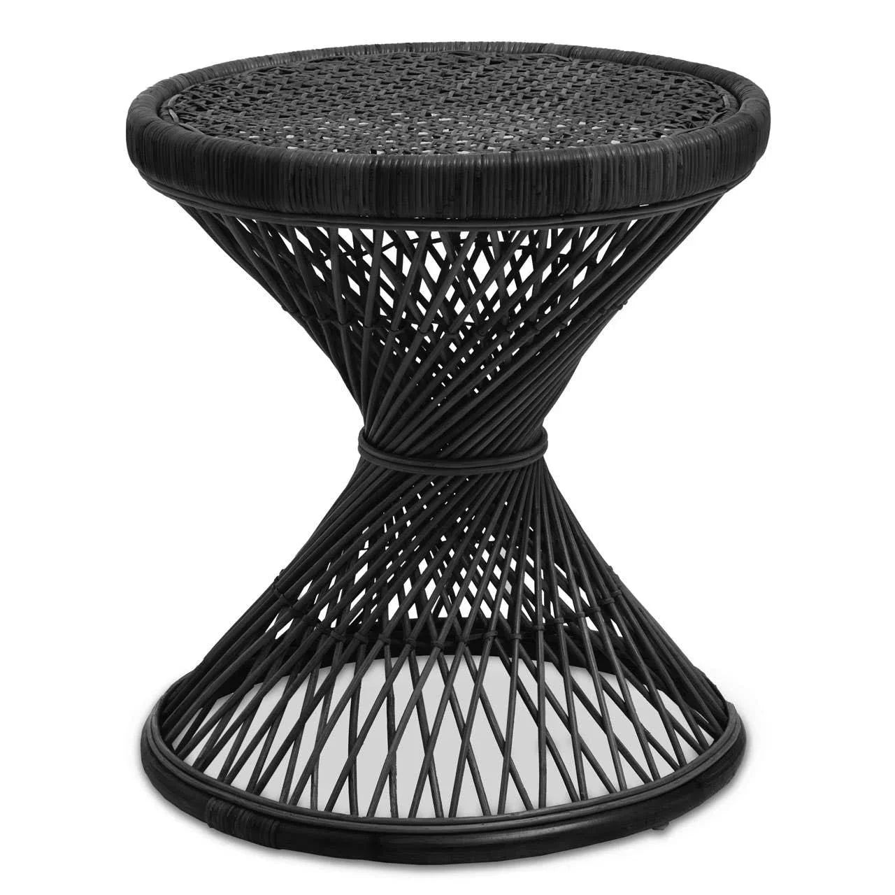 Black rattan side table with woven circular top and hourglass base, outdoor furniture