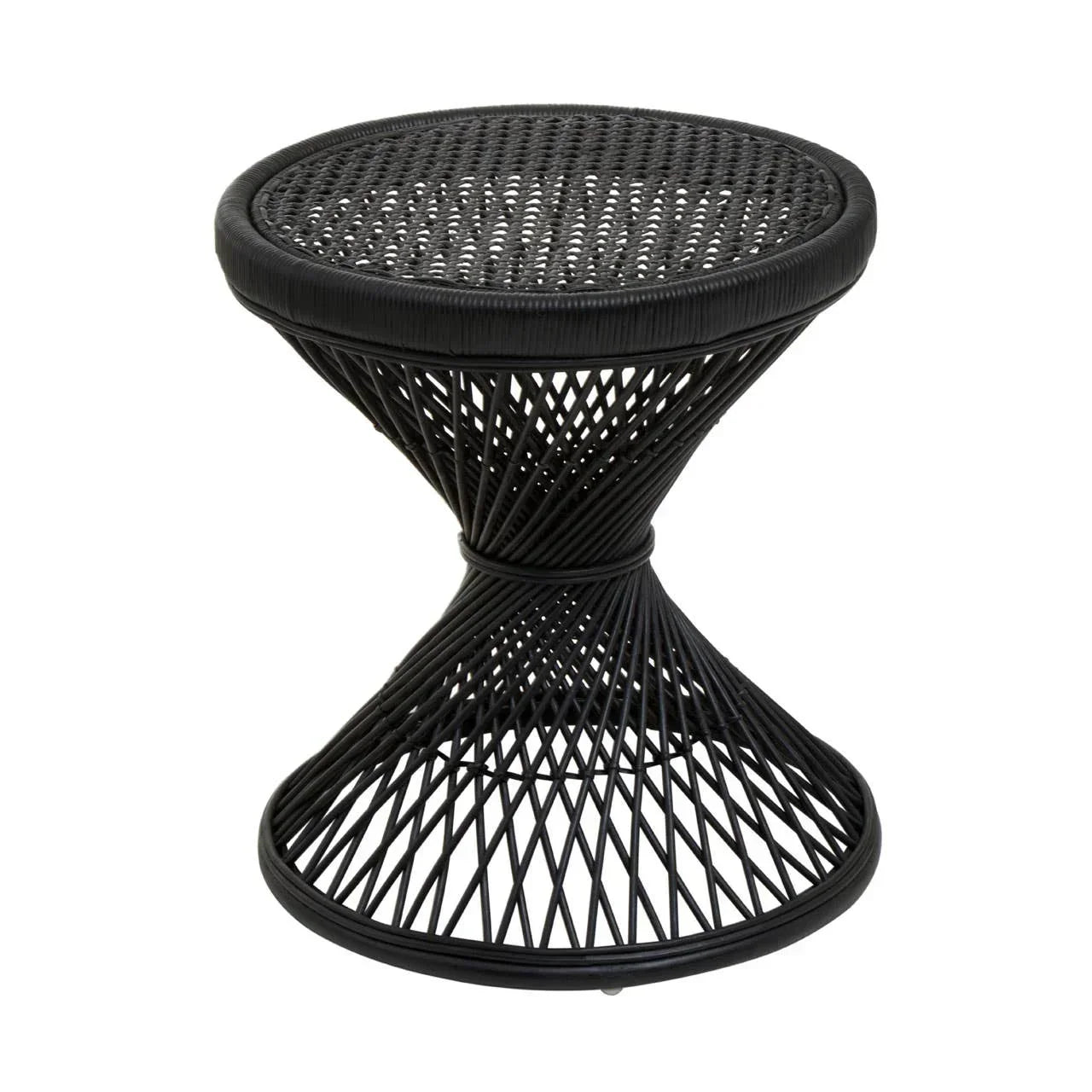 Black rattan side table with woven round top and hourglass base design