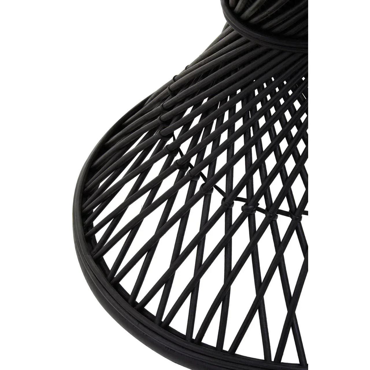 Black rattan dining table base with crisscrossed woven detail, close-up view