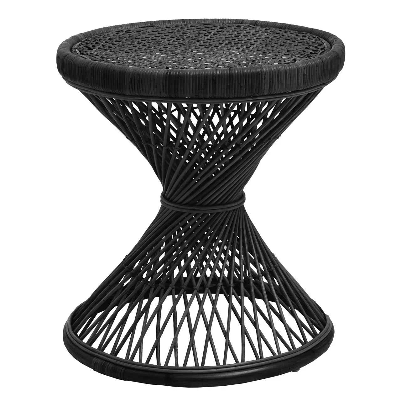 Black rattan side table with woven top and hourglass base, modern accent furniture piece