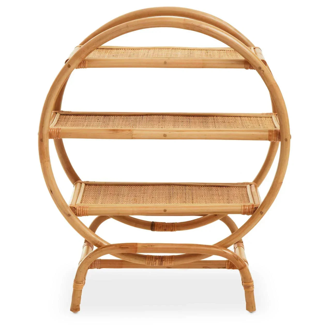 Round rattan shelving unit with three woven shelves and natural bamboo frame