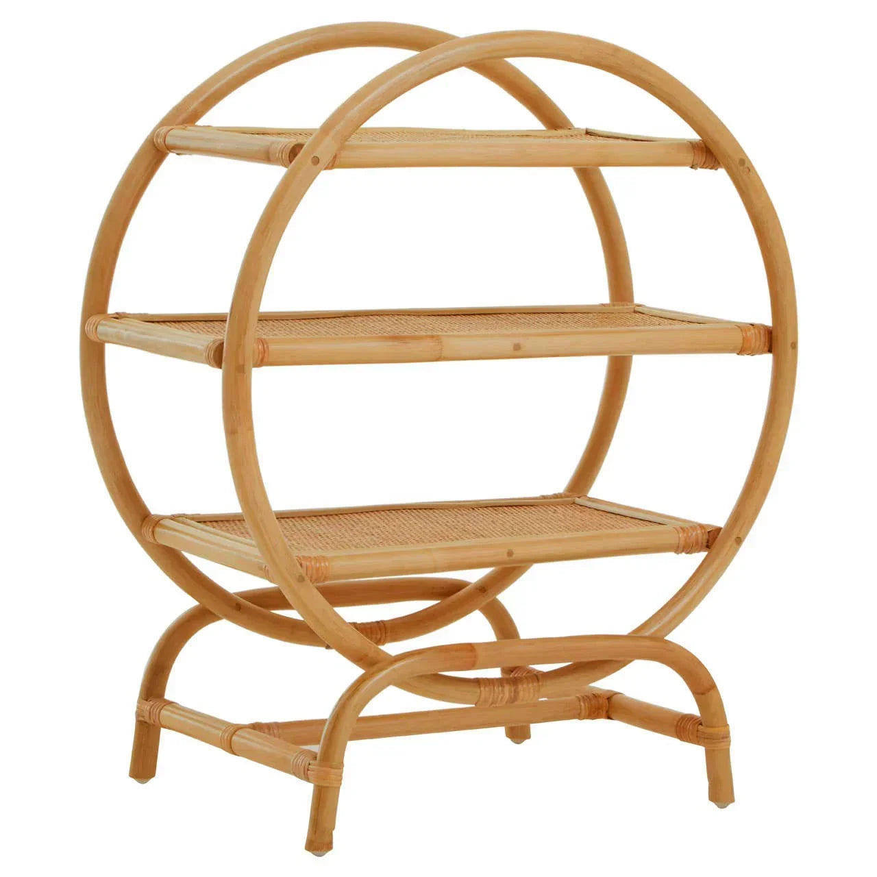 Three tier bamboo shelving unit with circular frame and woven rattan shelves