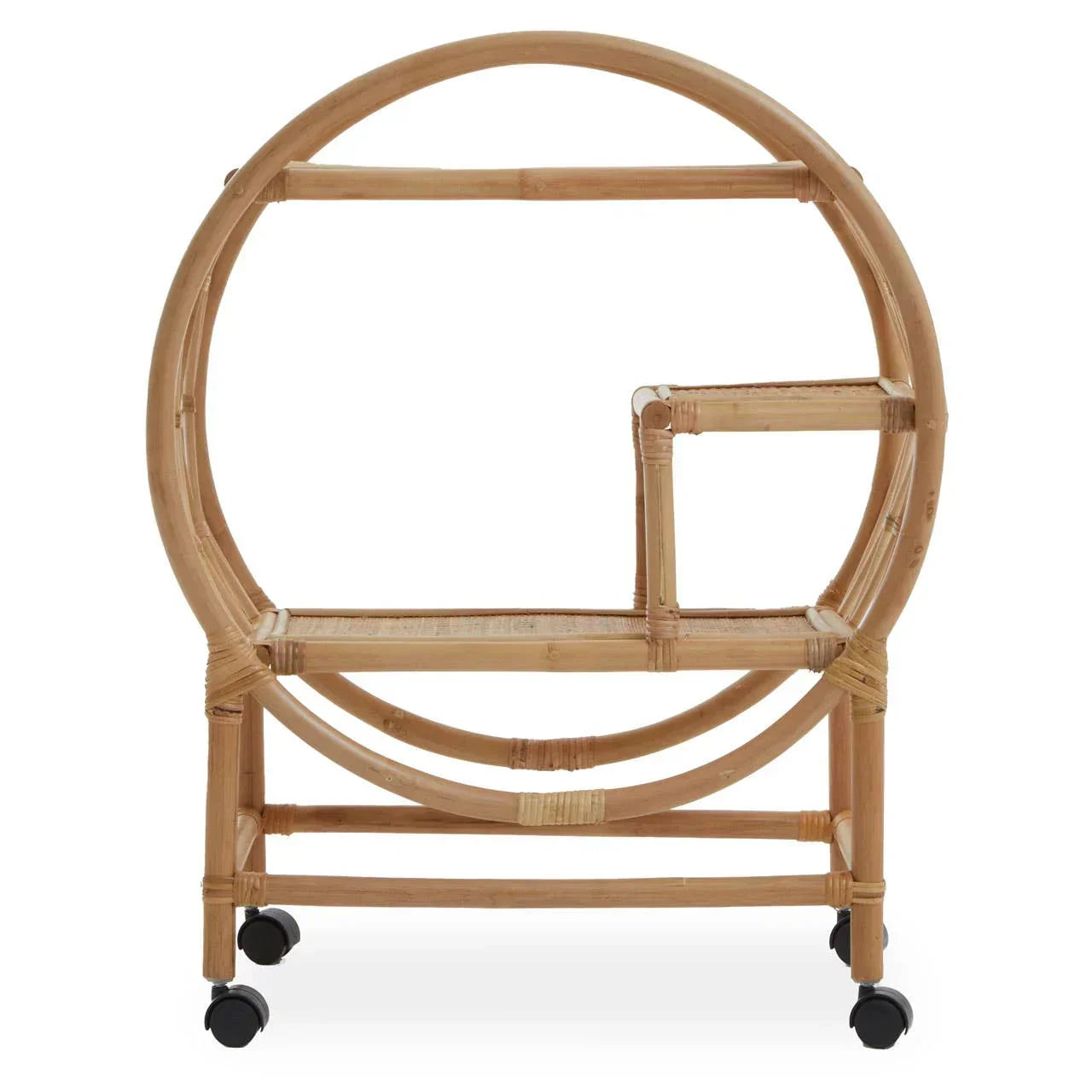Round rattan drinks trolley with shelves and black caster wheels, front view