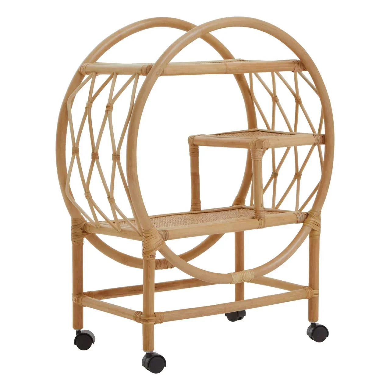 Round rattan drinks trolley with shelves and castor wheels