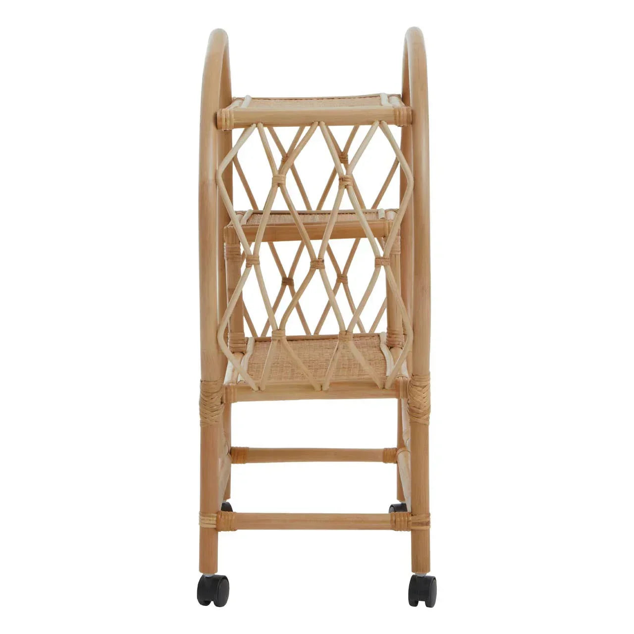 Slim rattan storage trolley with two shelves, natural finish, viewed from the front