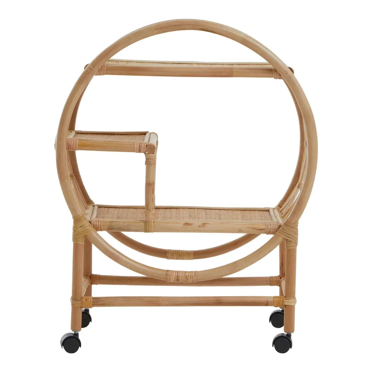Natural rattan drinks trolley with circular frame, two shelves and castor wheels