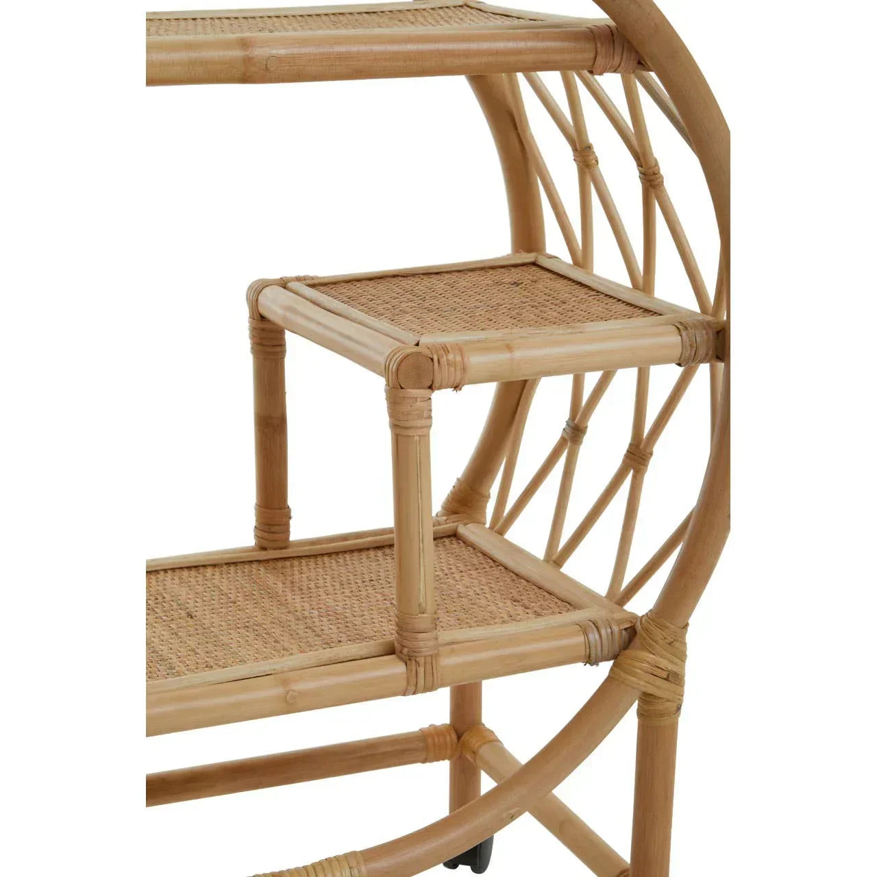 Natural rattan shelving unit with three woven shelves and rounded frame detail