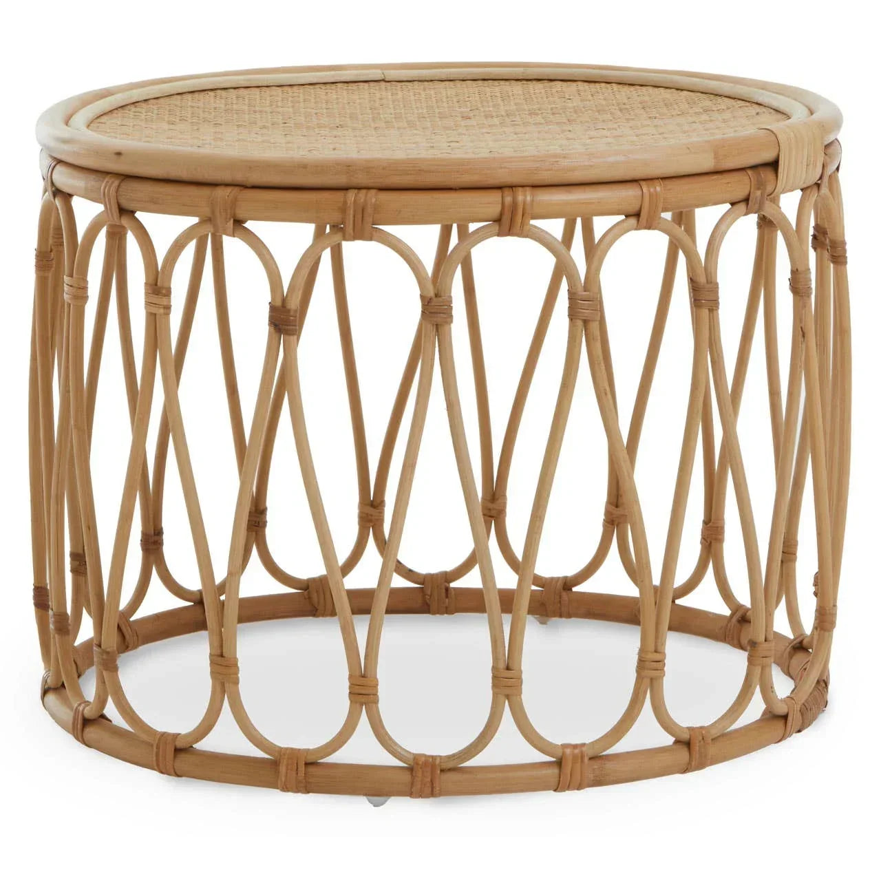Round rattan coffee table with woven top and open lattice base, natural finish