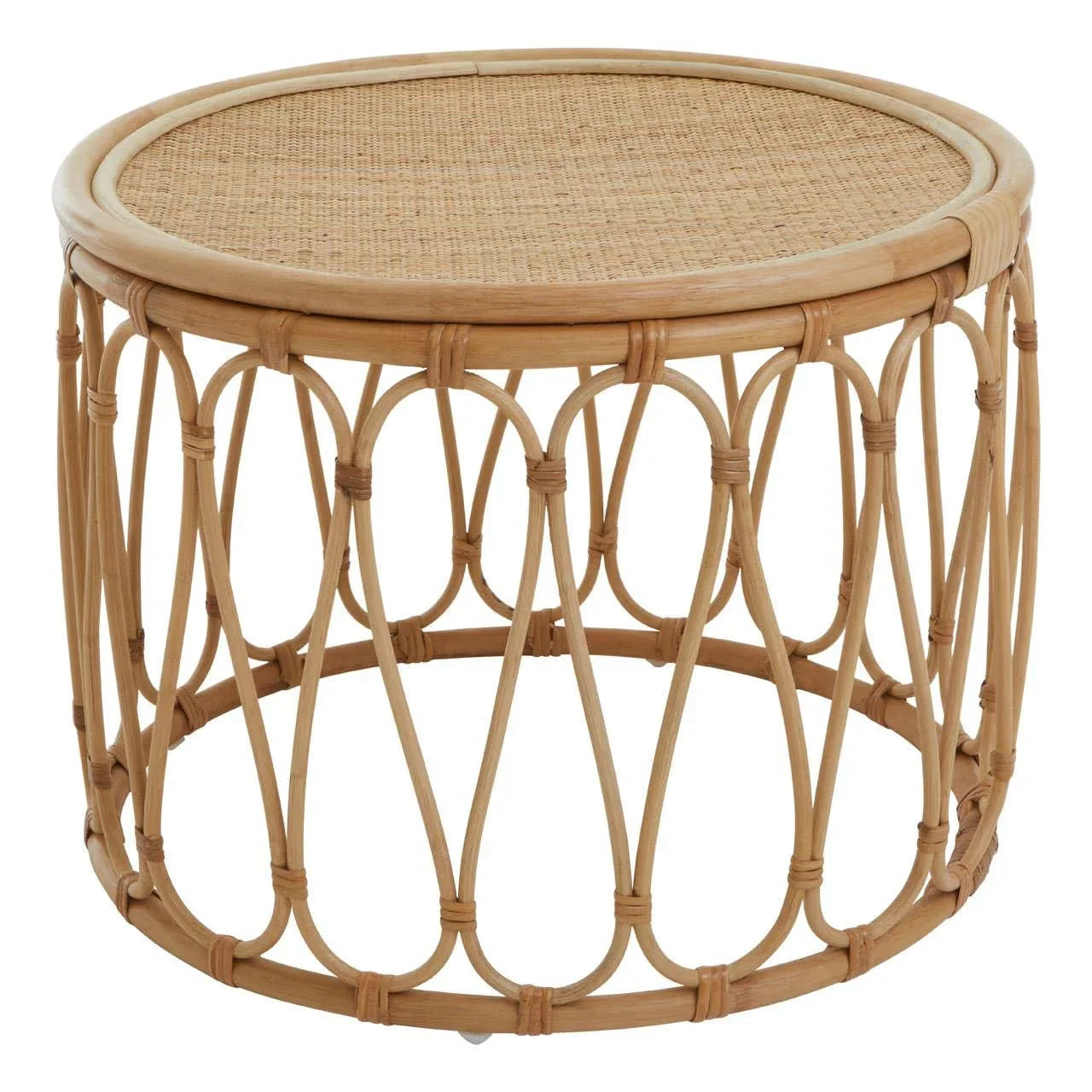 Round rattan coffee table with woven top and open lattice frame