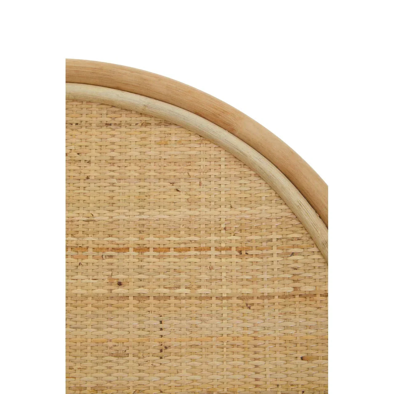 Natural rattan headboard close-up showing woven pattern and rounded wooden frame