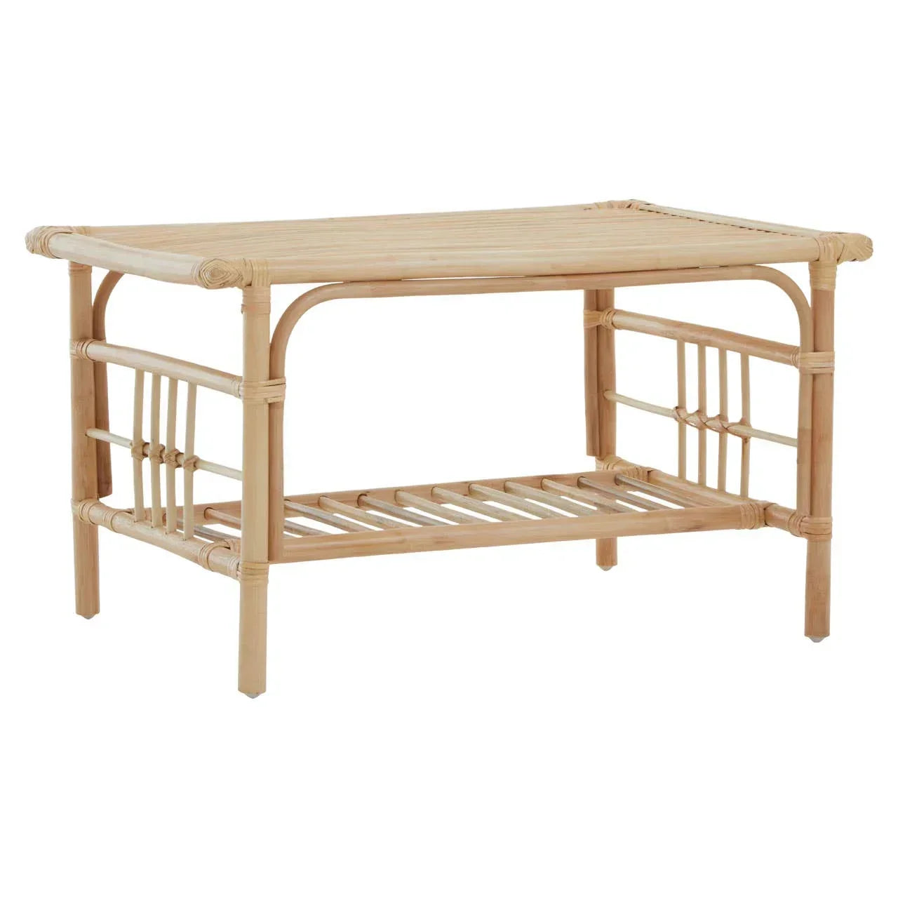 Light rattan coffee table with slatted lower shelf and rectangular top