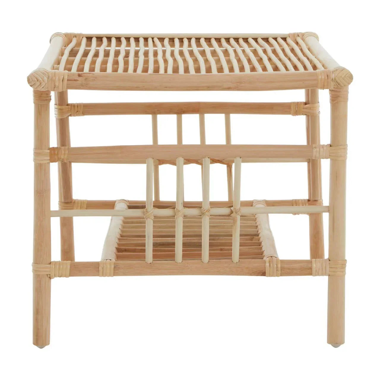 Natural rattan side table with open slatted shelf and square frame, front view
